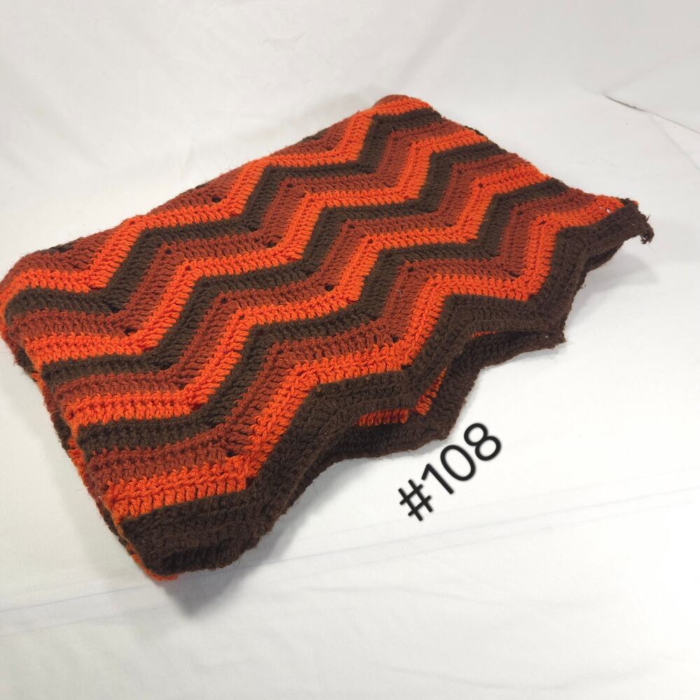 Vintage Handmade Afghan Blanket Zigzag Crochet Knit 36x56 Orange Brown Maroon